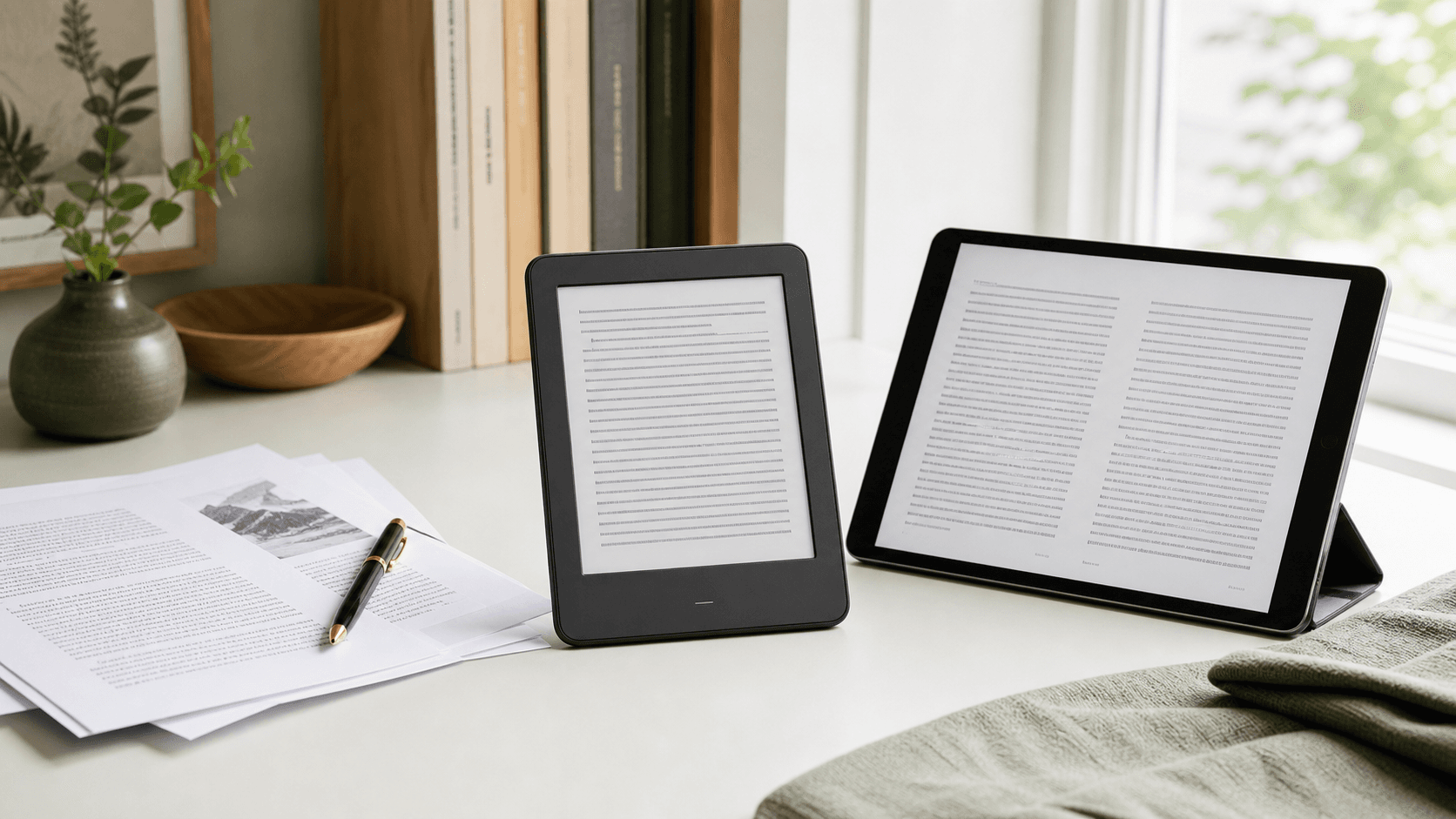 A PDF beside an e-reader and tablet displaying comfortable ebook pages